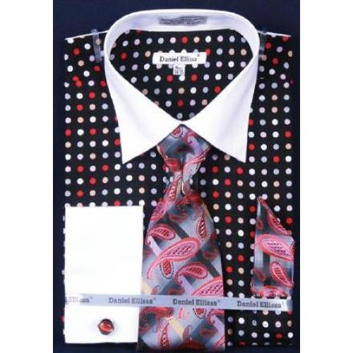 Daniel Ellissa Black Red Multi Polka Dot Shirt / Tie / Hanky Set With Free Cufflinks DS3769P2